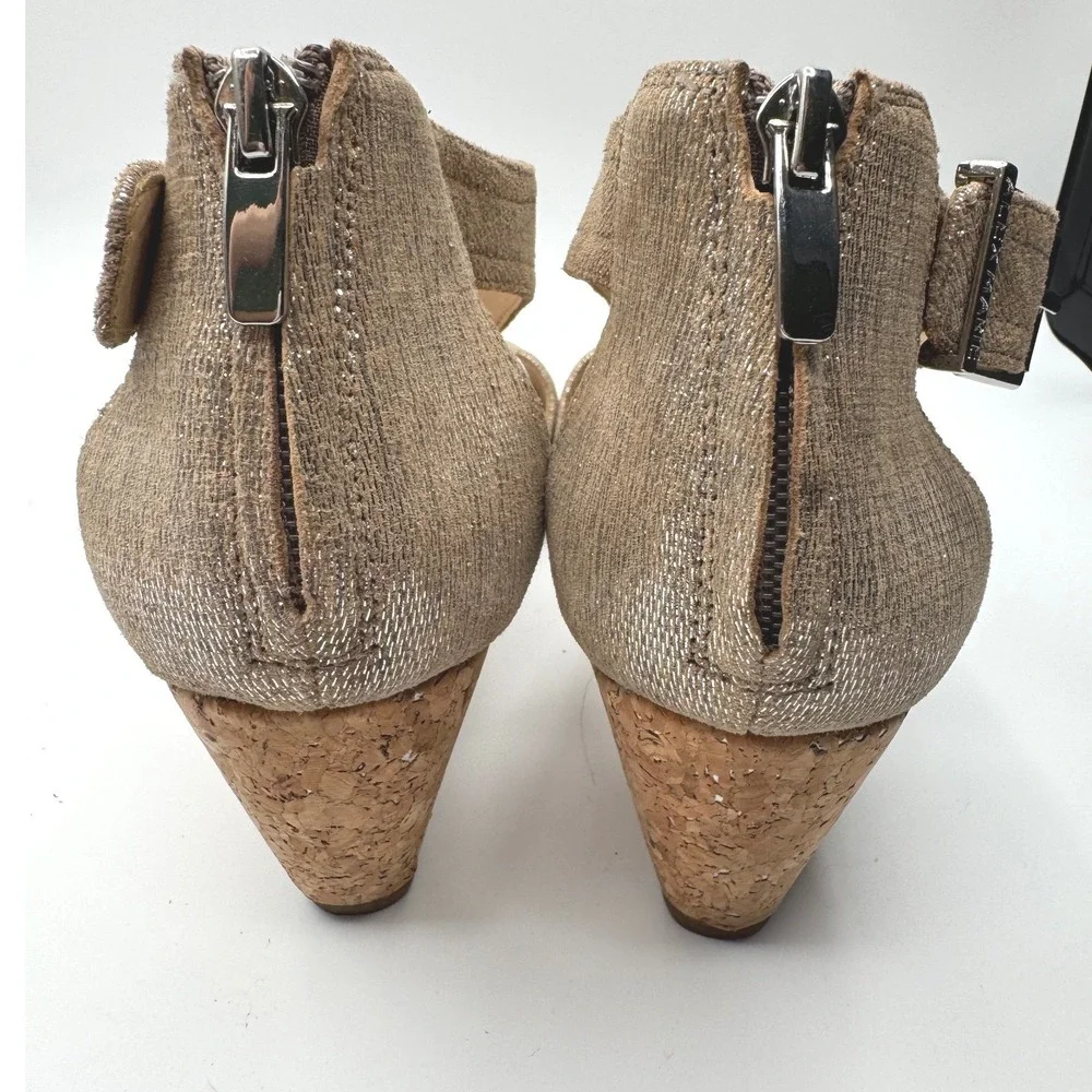 Alex Marie Metallic Gold T-Strap Cork Wedge Sandals Champagne size 9